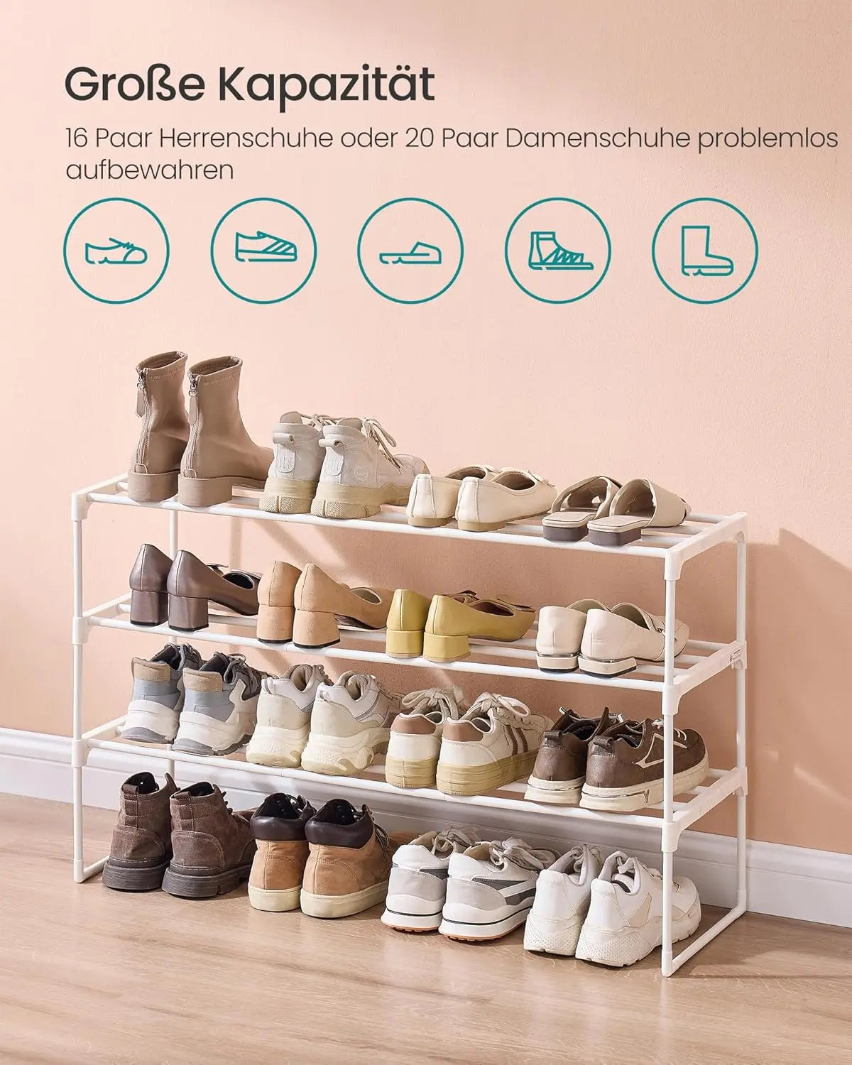 Schuhregal stapelbar 16-20 Paar perlweiss Metall von guteszeug.ch