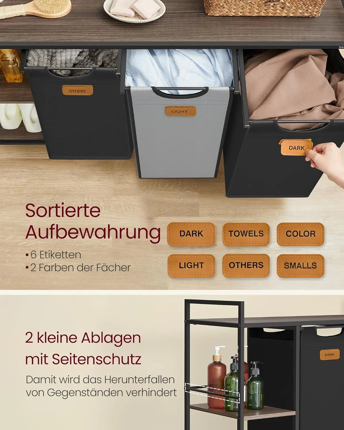 Wäschesortierer rollbar 150L 3-Fächer mehrfarbig von Songmics