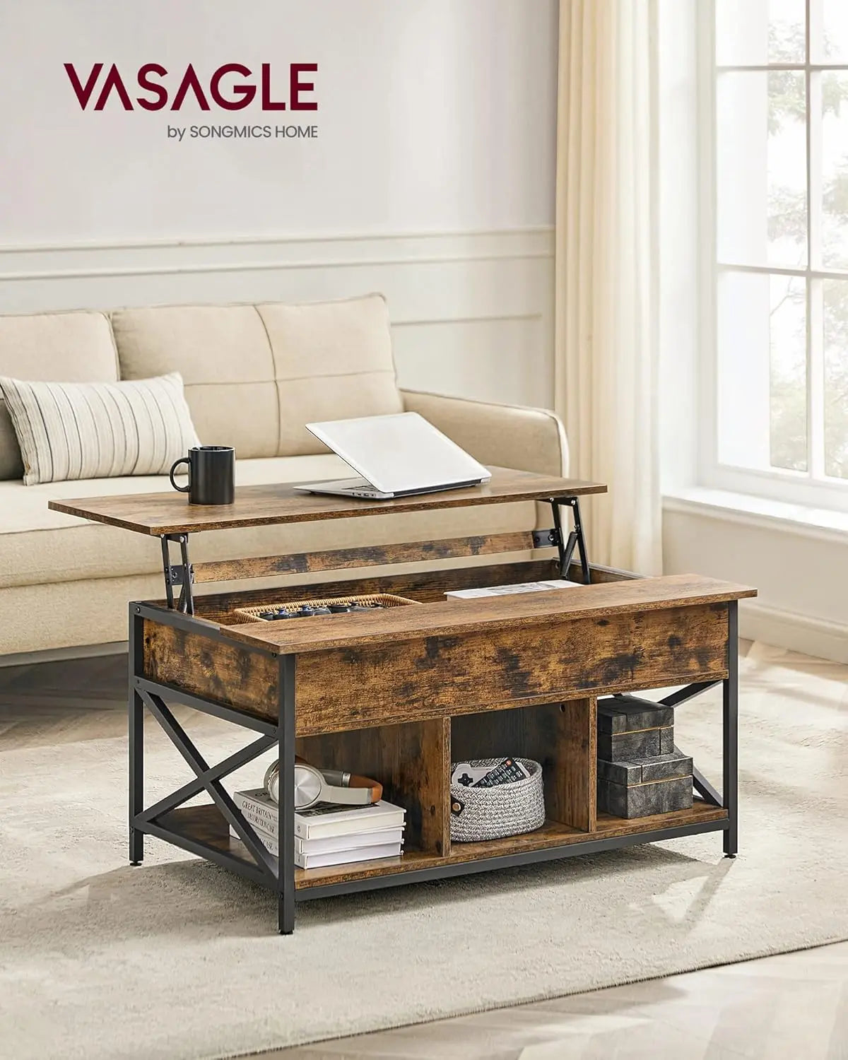 Couchtisch Höhenverstellbar Stauraum X-Streben Vintagebraun von Songmics