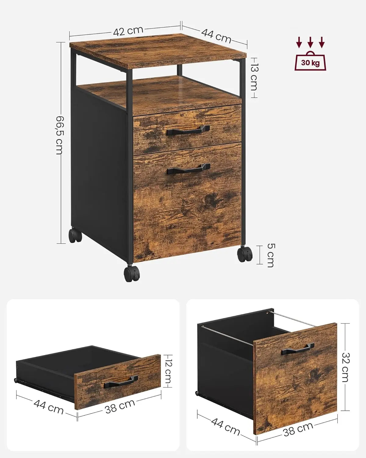 Aktenschrank mit Rollen, 2 Schubladen, Schwarz von Songmics