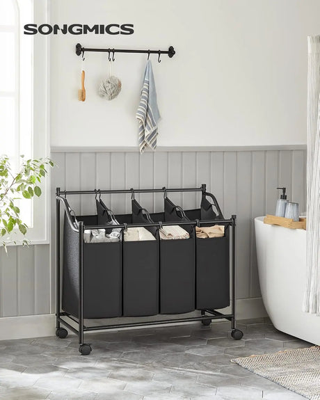 Wäschekorb mit Rollen, 4 Fächer, schwarz von Songmics
