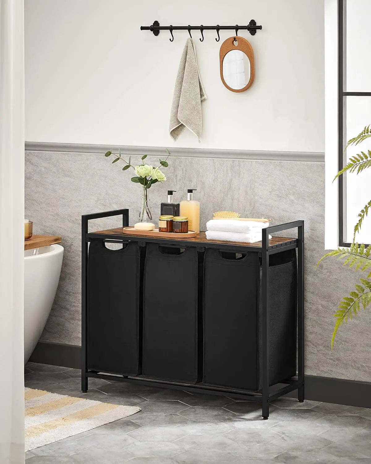 Wäschesammler 3-Fächer Sortierer Braun Schwarz Stahl von Songmics