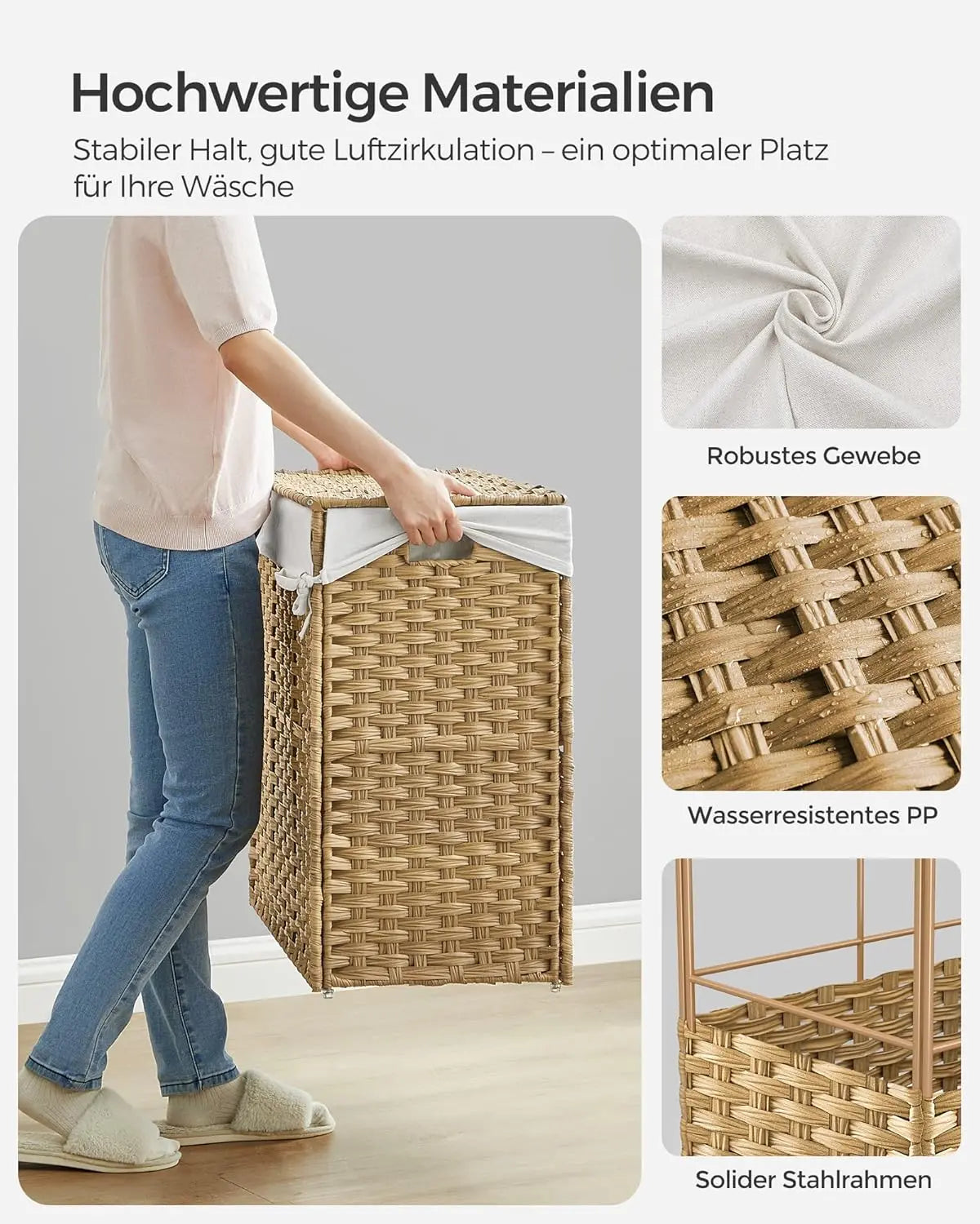 Wäschekorb Rattan-Optik 3 Fächer Naturfarben von Songmics