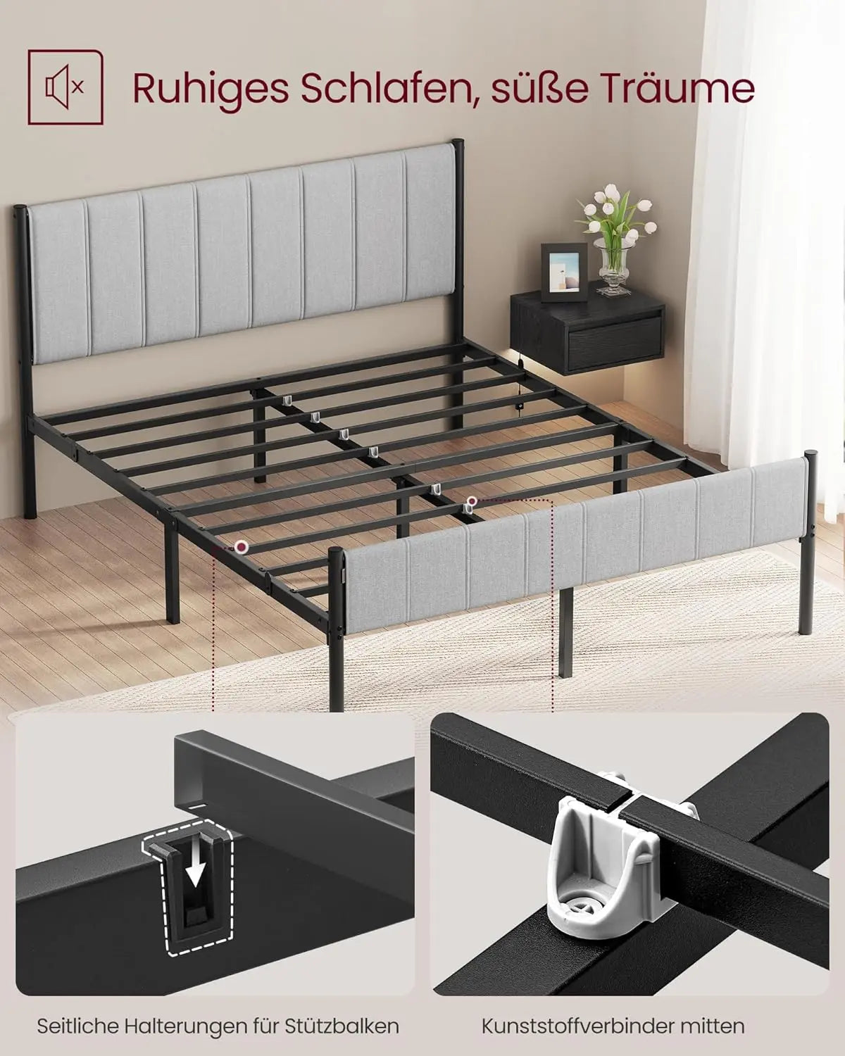 Doppelbettgestell gepolstert 160x200 grau Stahl von guteszeug.ch