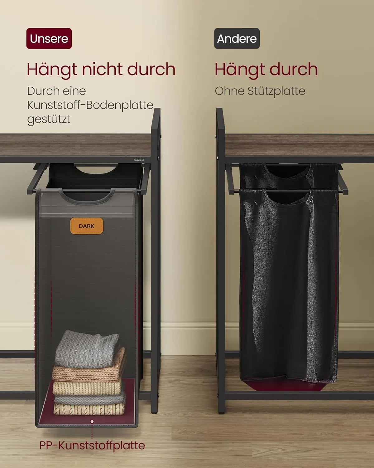 Wäschekorb, Wäscheregal mit Rollen und Ablage kastanienbraun von Songmics