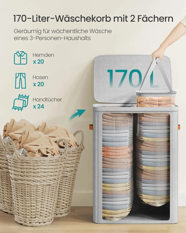 Wäschekorb 170L 2 Fächer Leicht Taubengrau von Songmics