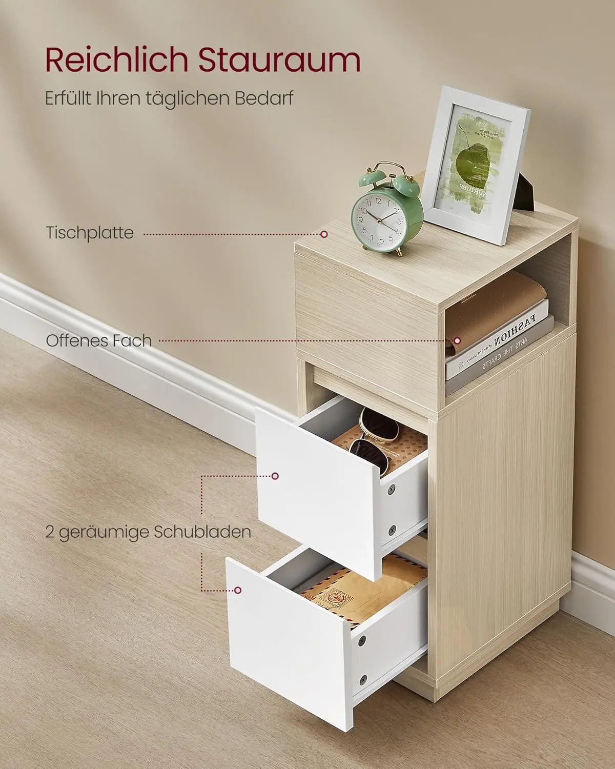 Nachttisch schmal 2 Schubladen naturbeige von Songmics