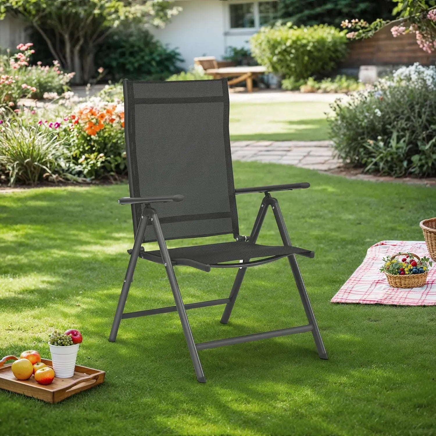 Gartenstuhl klappbar 8-fach verstellbar Schwarz Metall von Songmics