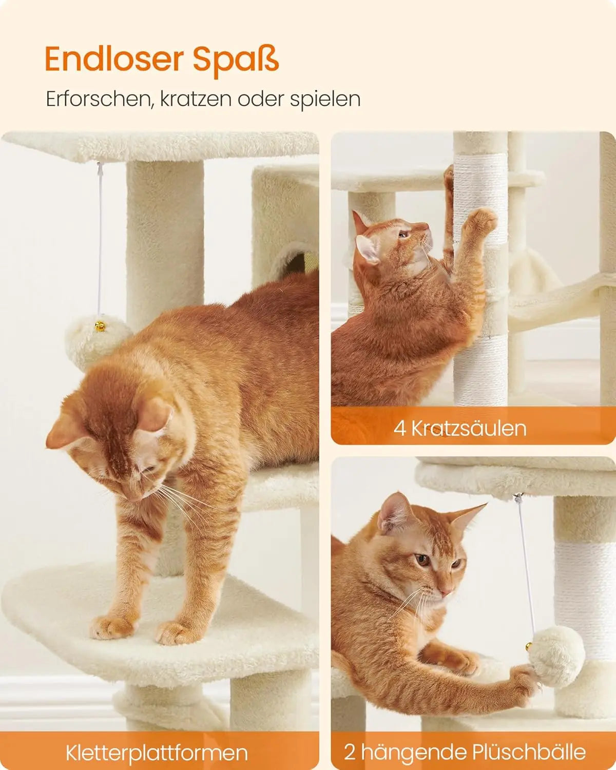 Kratzbaum 112cm Hängematte beige Plüsch von Songmics