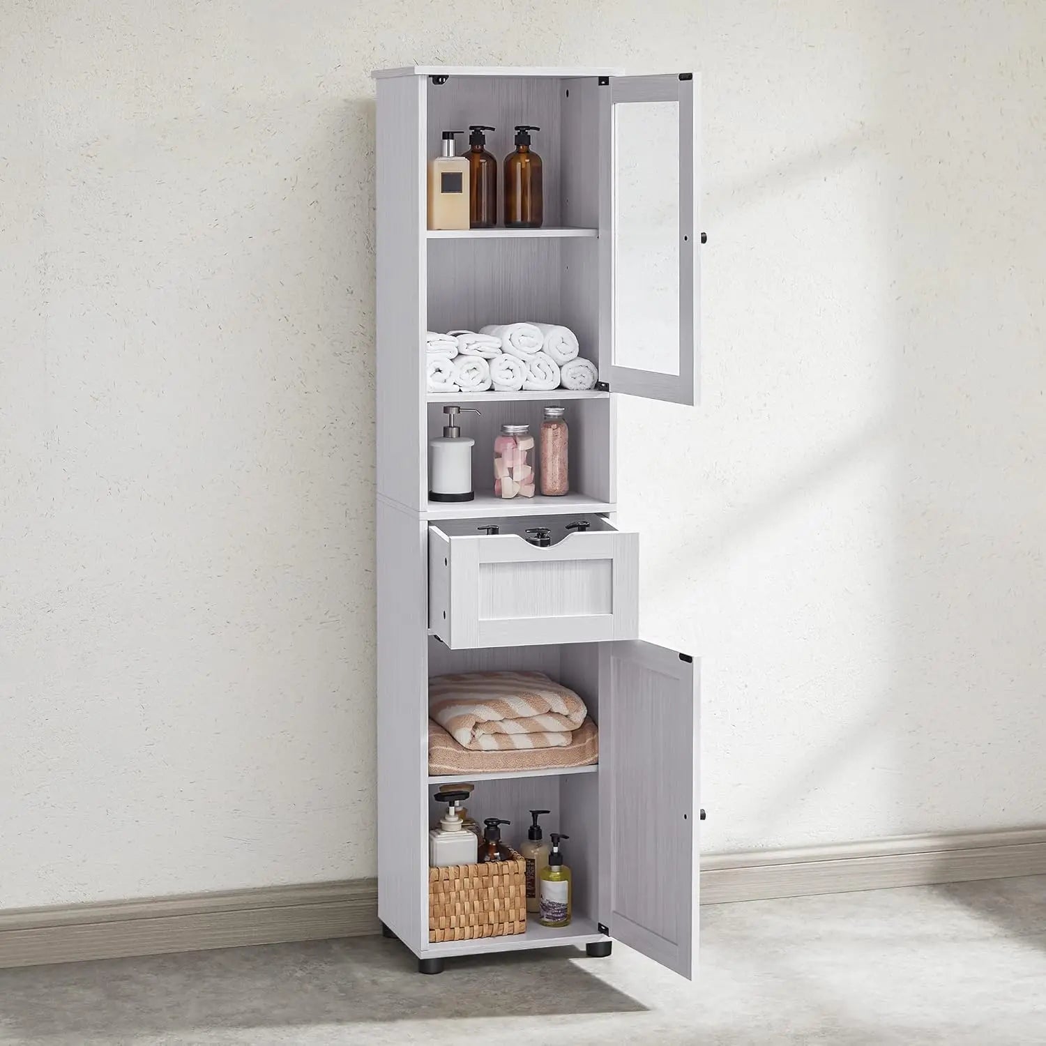Badezimmerschrank Hochschrank Glastür Ahornweiss von Songmics