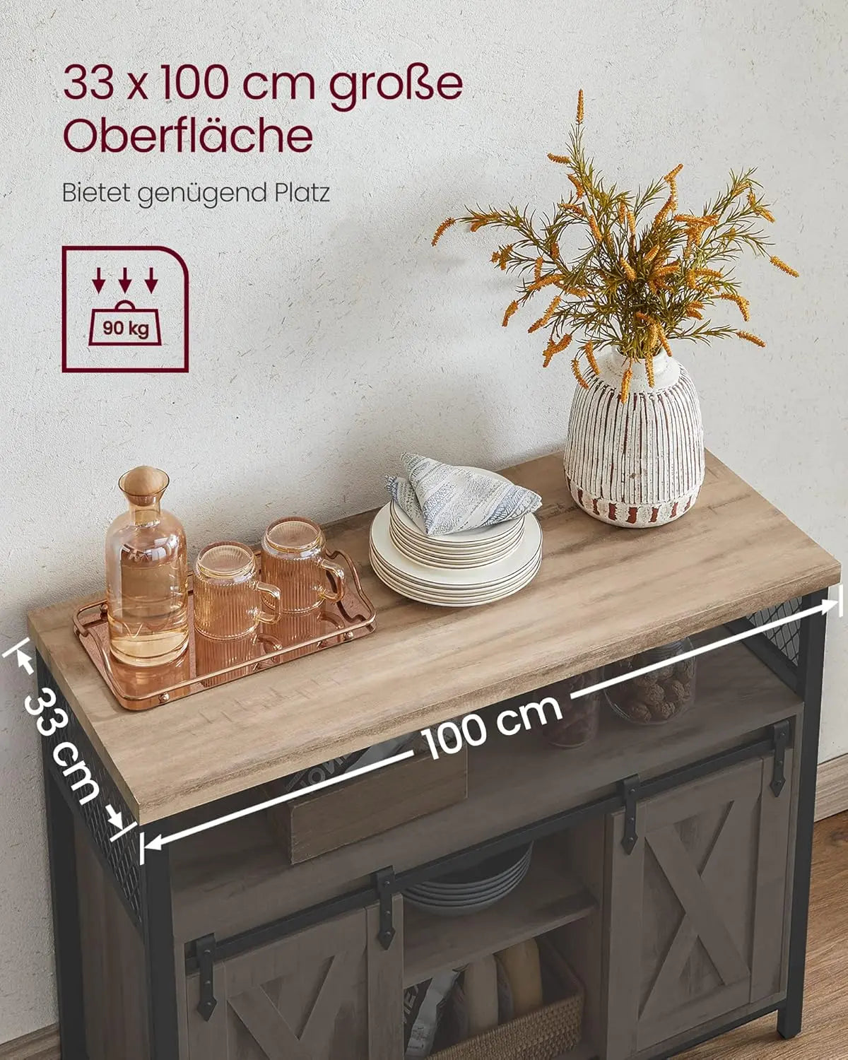 Sideboard Landhausstil Schiebetüren naturfarben Holz von Songmics