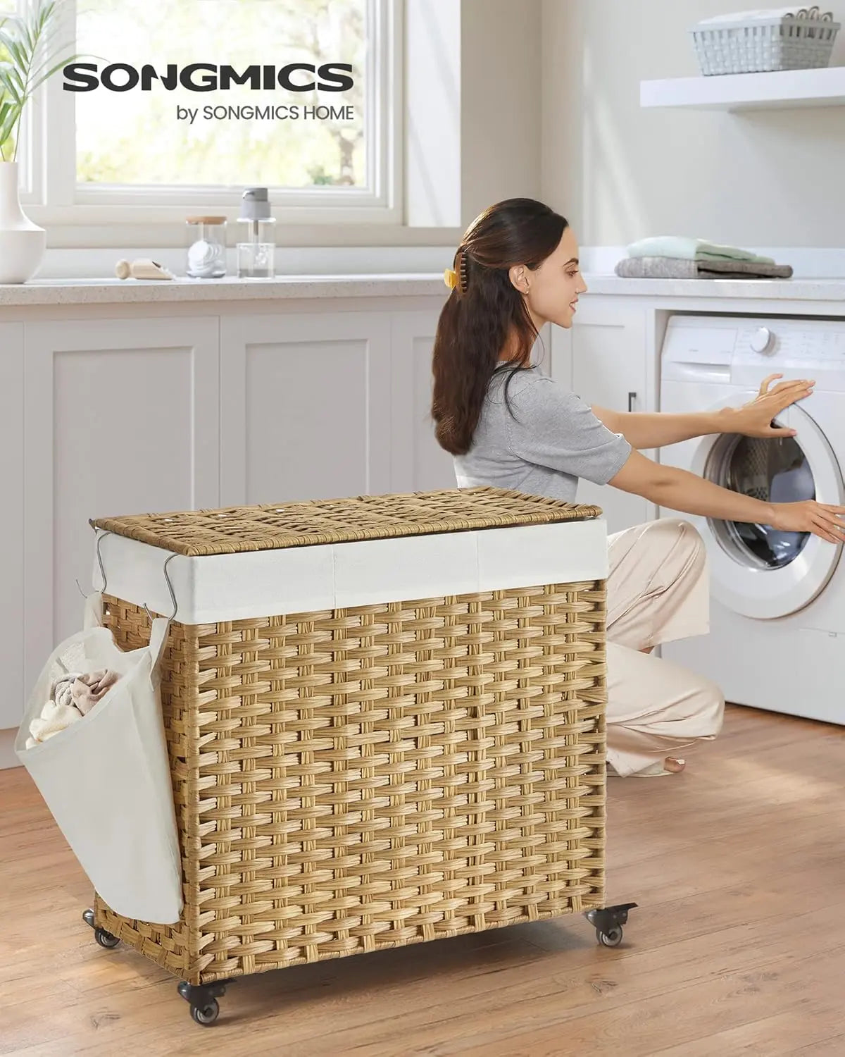 Wäschekorb Rattan-Optik 3 Fächer Naturfarben von Songmics