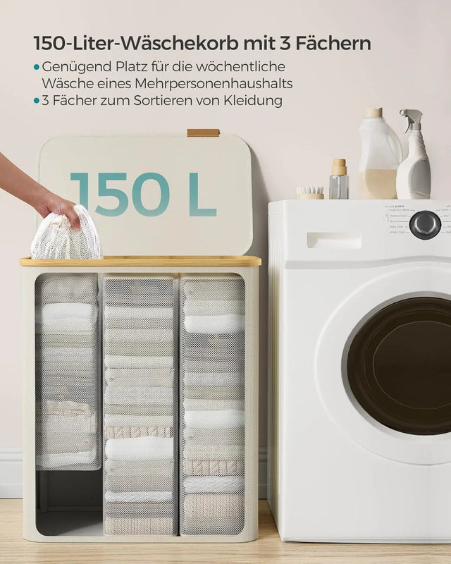 Wäschekorb mit Deckel 3 Fächer Cremeweiss von Songmics