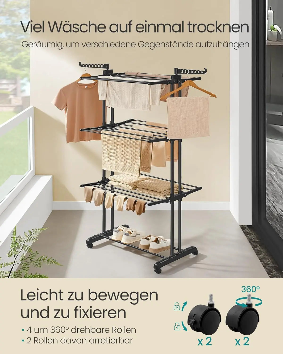 Flügelwäscheständer 4 Ebenen schwarz Metall von Songmics