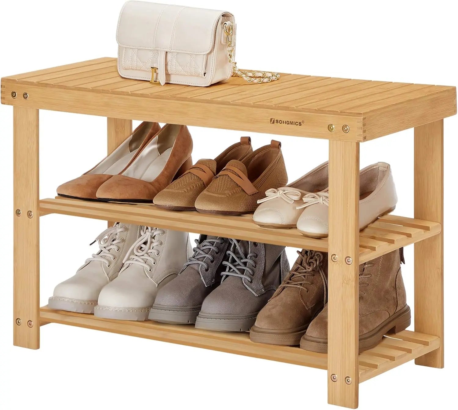 Schuhregal Bambus Sitzbank mit Ablagen Naturfarben von Songmics