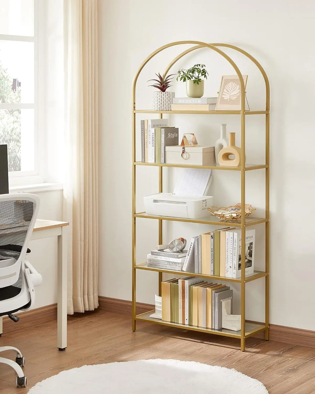 Regal Standregal Hartglas Bogenform Metall Goldfarben von Songmics