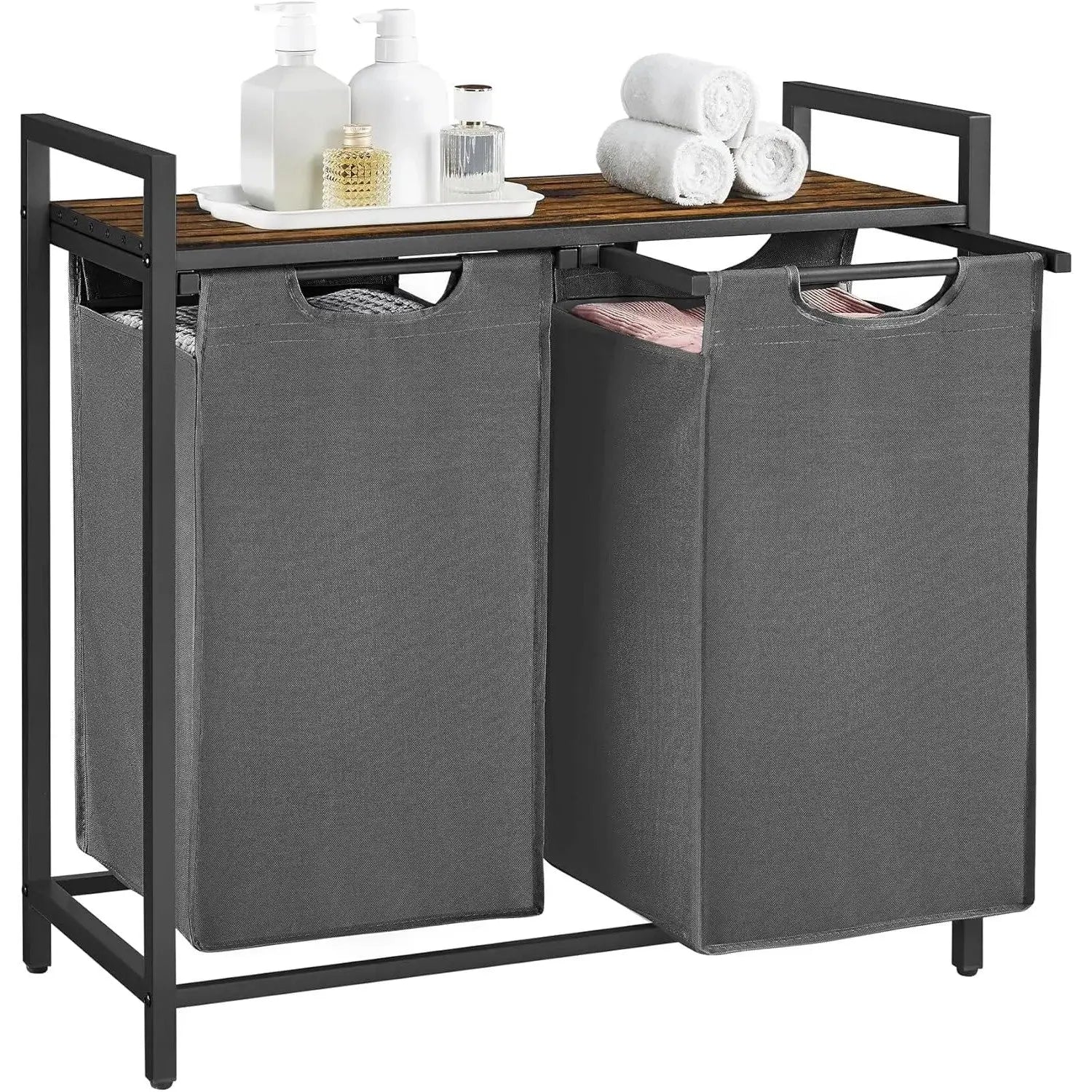 Wäschekorb mit 2 Fächern und Ablage, schiefergrau-vintagebraun von Songmics
