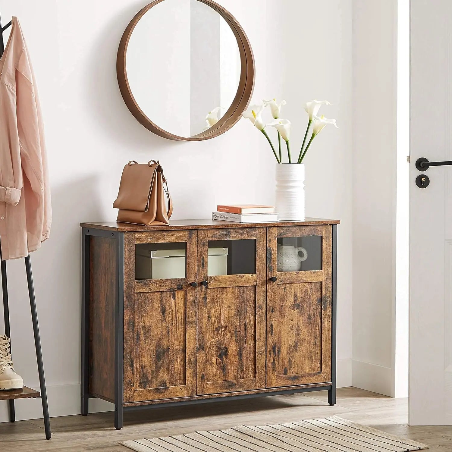 Sideboard Glastüren Industriestil Vintagebraun Stahl von Songmics