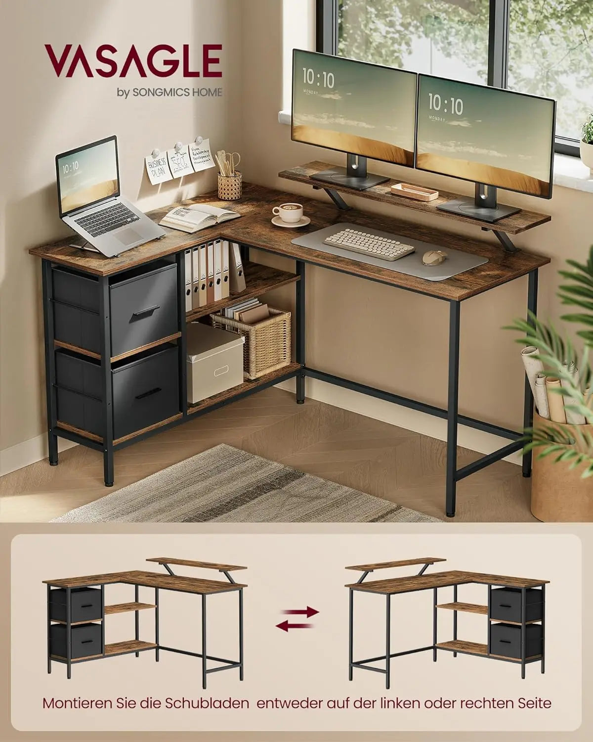 Schreibtisch L-förmig mit Schubladen Vintagebraun von Songmics