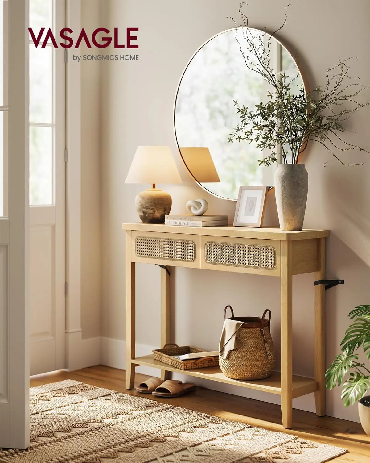 Konsolentisch Boho Stil Schubladen Eichenbeige von Songmics