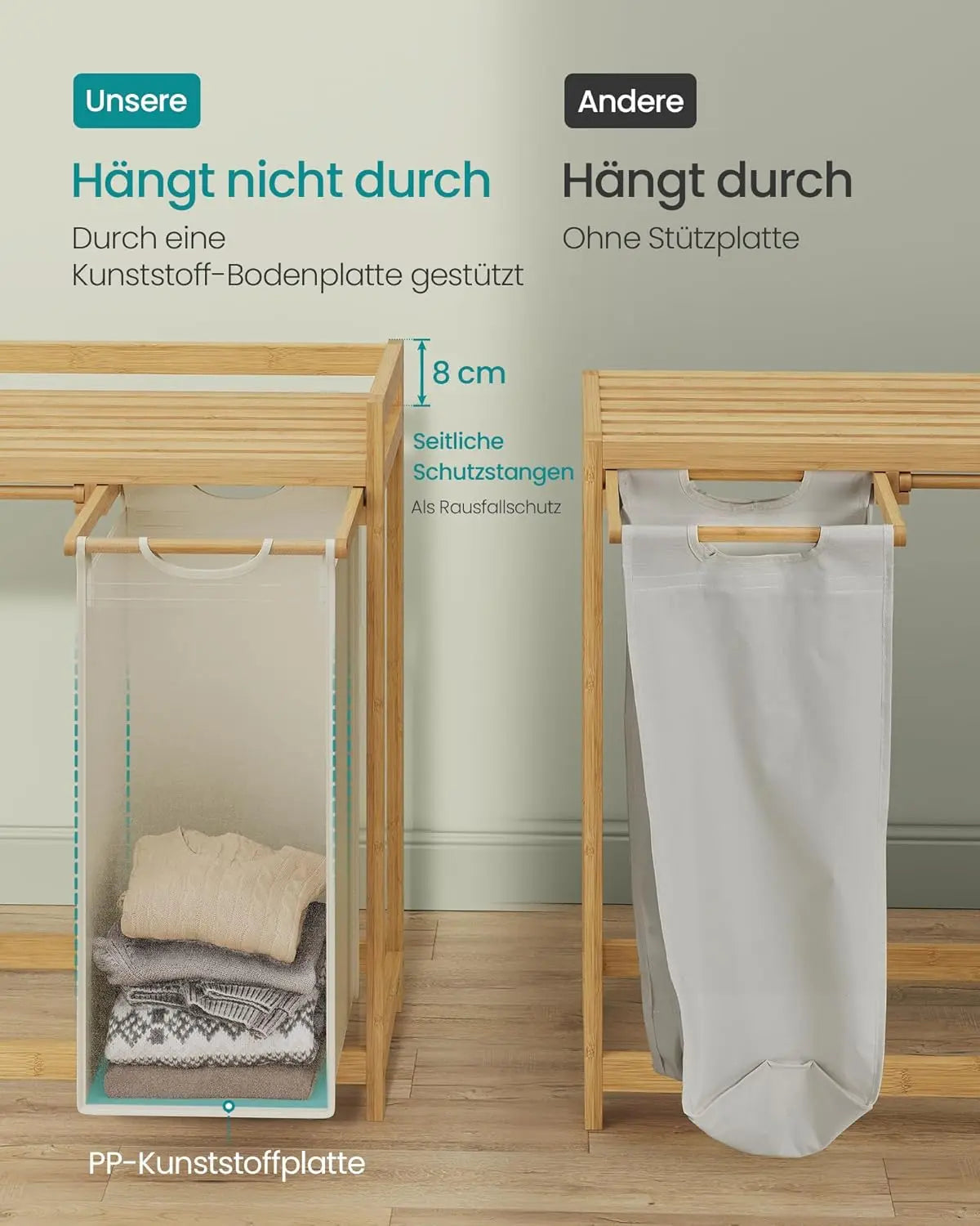 Wäschekorb Bambus 3 Fächer Cremeweiss von Songmics