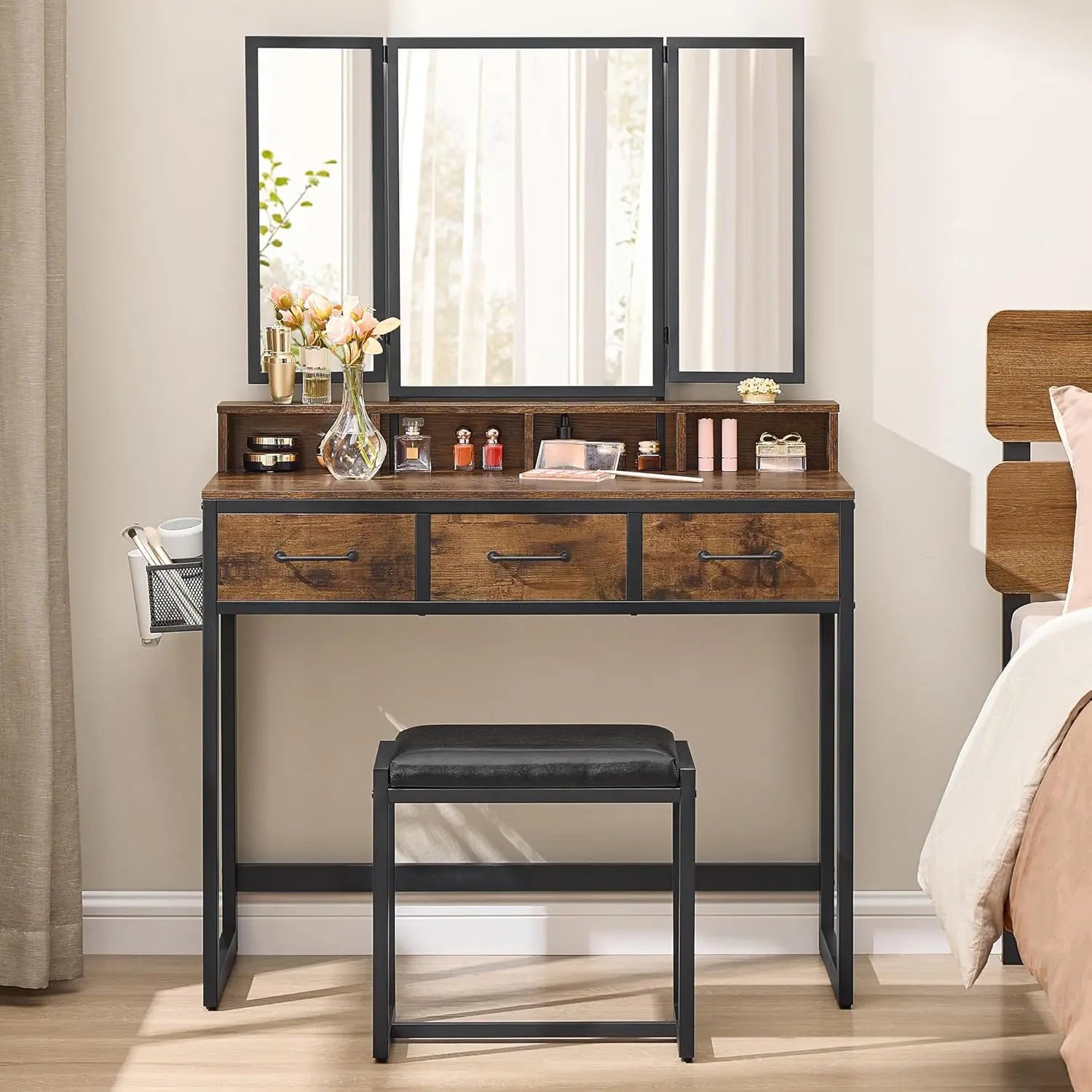 Schminktisch Set mit Hocker rustikal braun von Songmics