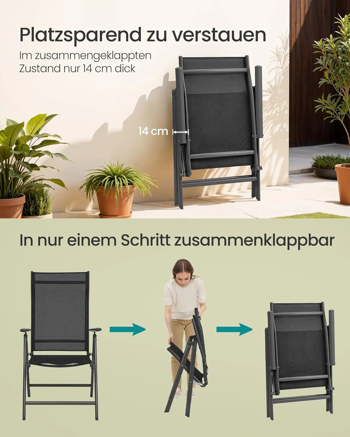 Gartenstuhl klappbar 8-fach verstellbar Schwarz Metall von Songmics