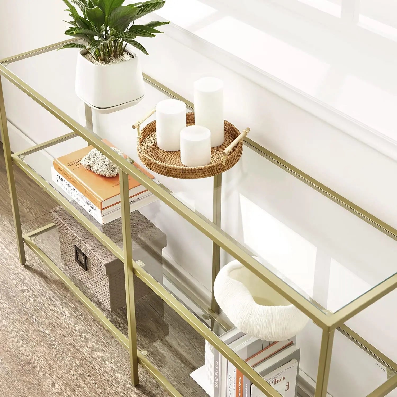 Konsolentisch Hartglas 3 Ablagen goldfarben von Songmics