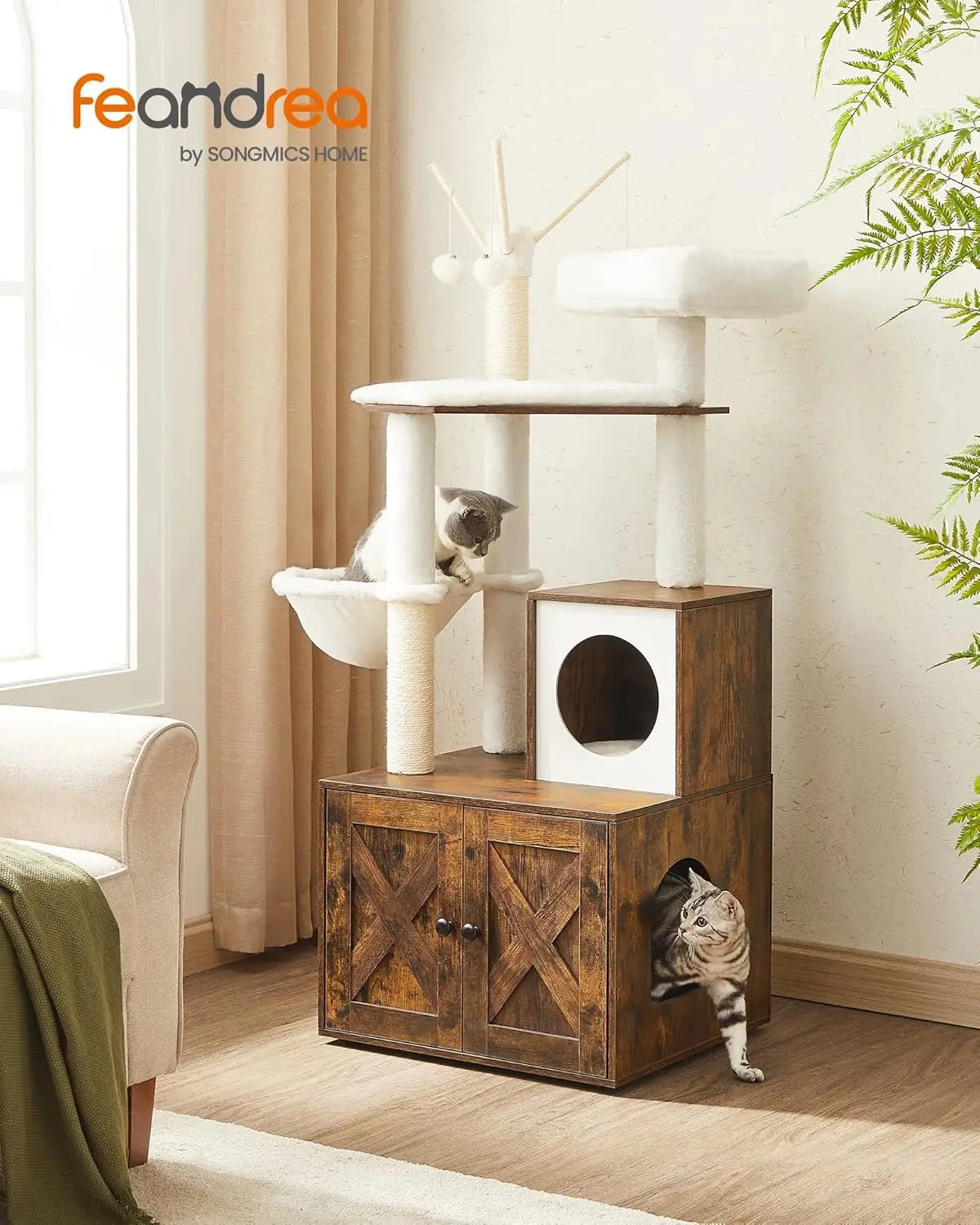 Kratzbaum 2-in-1 mit Katzenklo-Schrank vintagebraun von Songmics