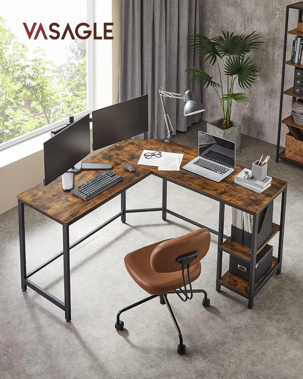 L-Schreibtisch platzsparend vintagebraun Holz von Songmics
