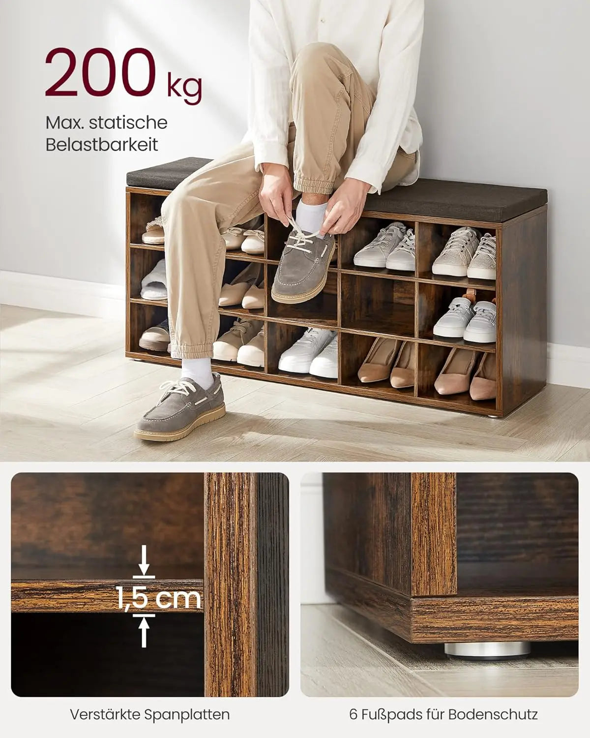 Schuhbank mit Sitzkissen vintagebraun Holz von guteszeug.ch