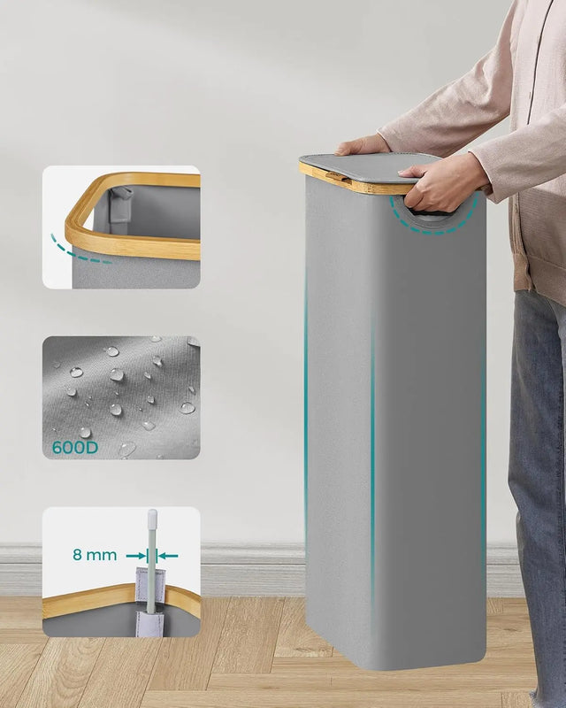 Wäschekorb zusammenklappbar mit Bambusgriffen taubengrau von Songmics