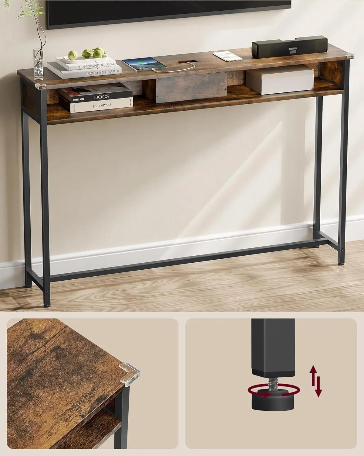 Konsolentisch mit Steckdosen Vintage Braun von Songmics