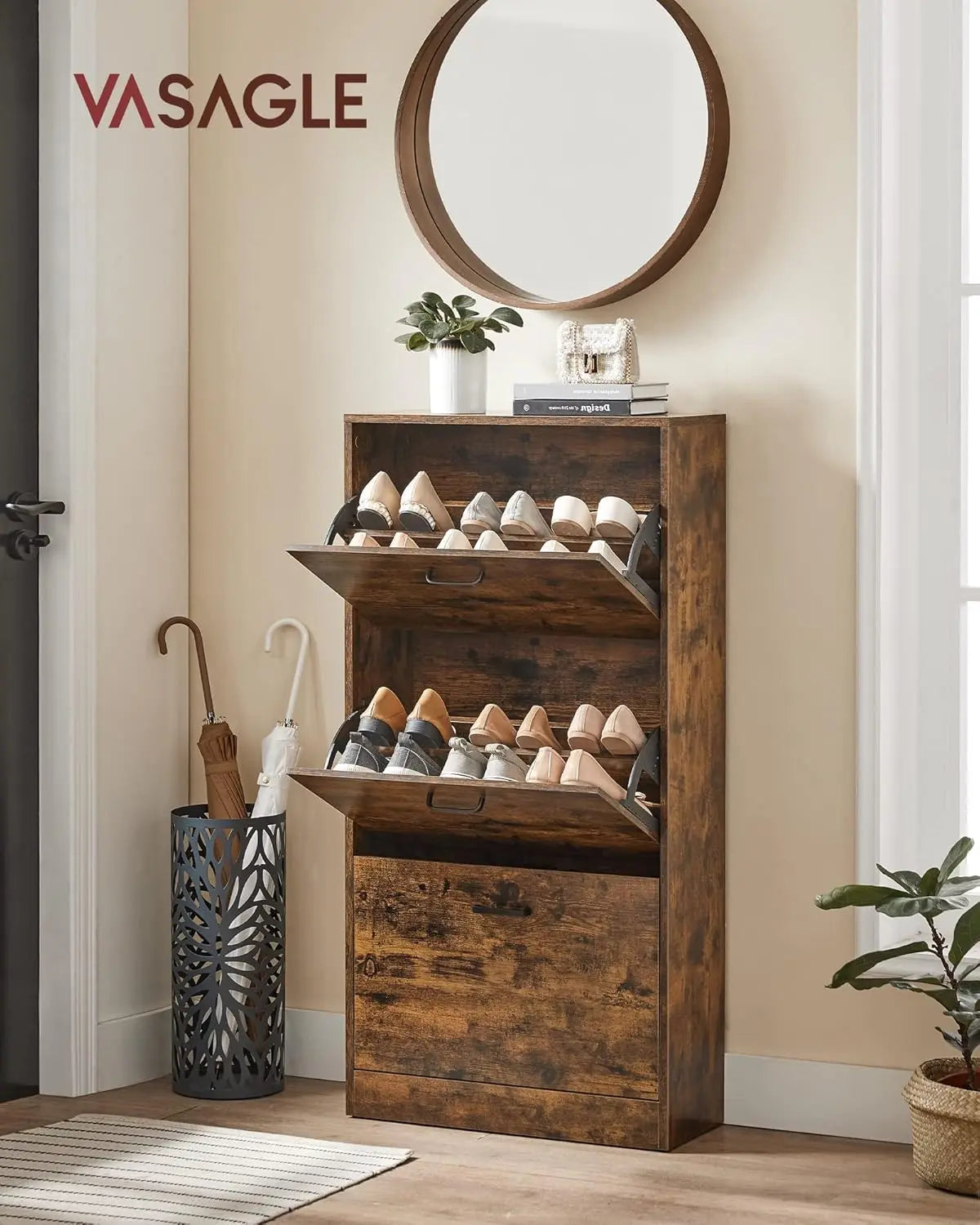 Schuhschrank 3 Türen schmal rustikal Holz von Songmics