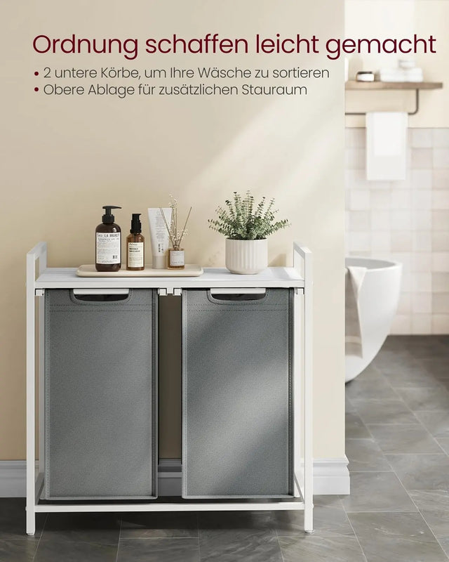 Wäschekorb mit 2 Fächern und Ablage, schiefergrau-mattweiss von Songmics
