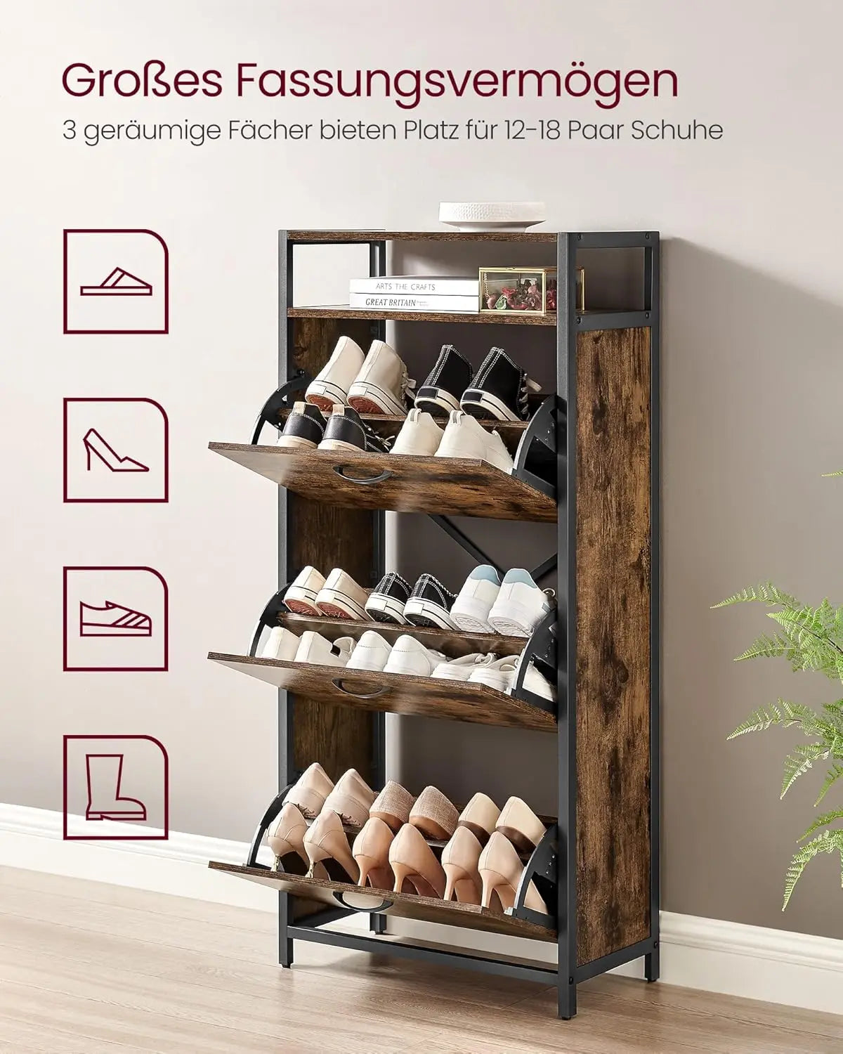 Schuhschrank schmal 3 Klappen vintagebraun von Songmics