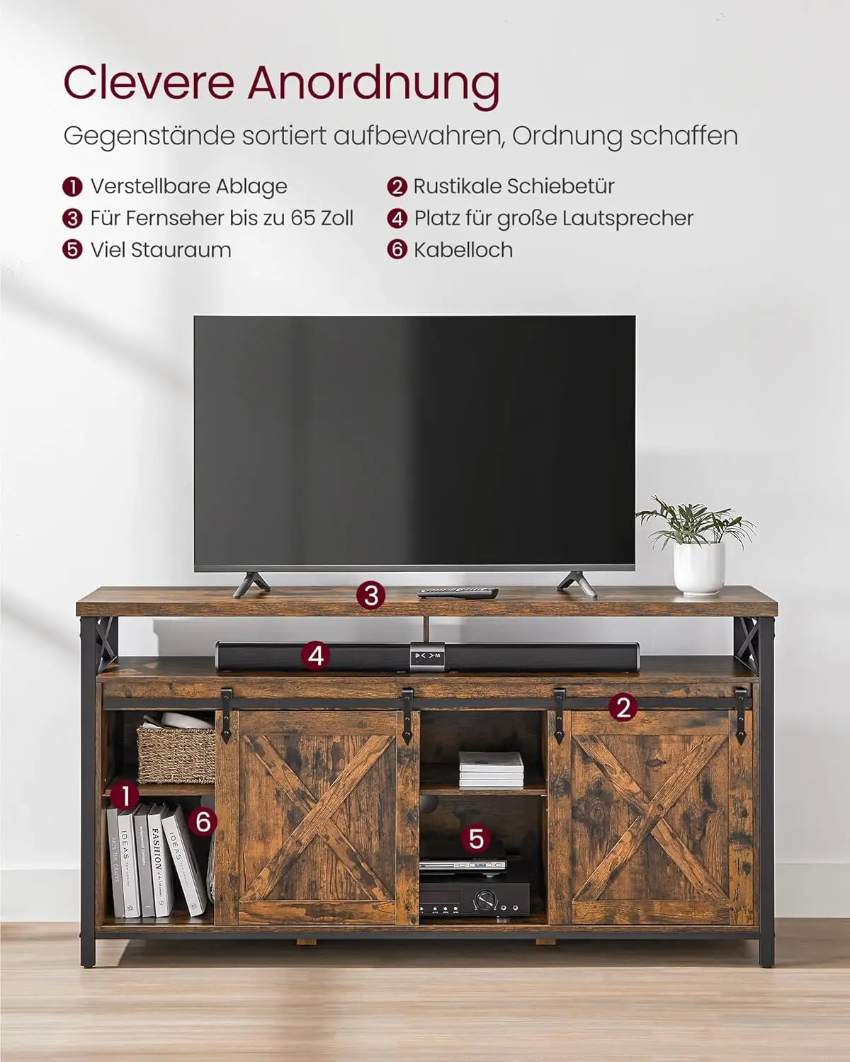 TV Schrank Landhausstil Verstellbar Vintagebraun Schwarz von Songmics