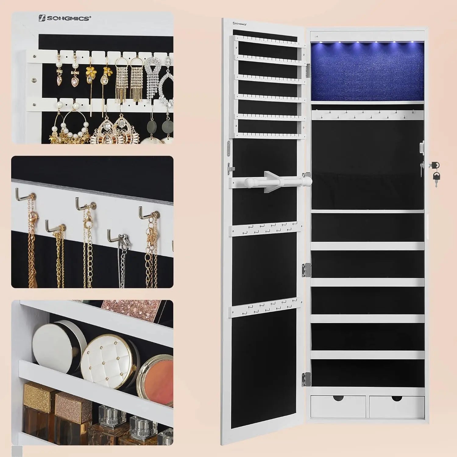 Schmuckschrank hängend LED weiss Holzmaserung von Songmics