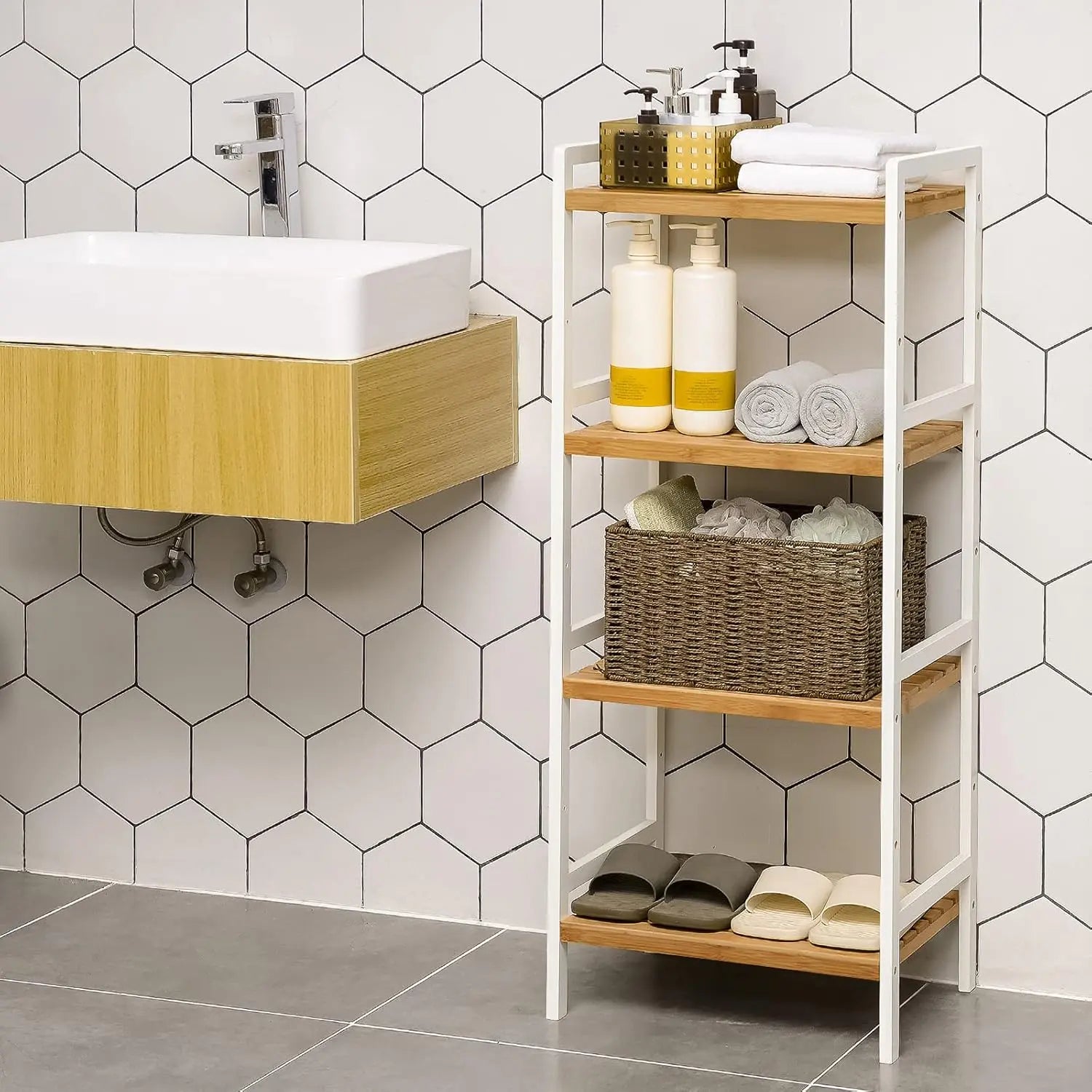 Bambus Standregal 4 Ablagen naturfarben-weiss von Songmics