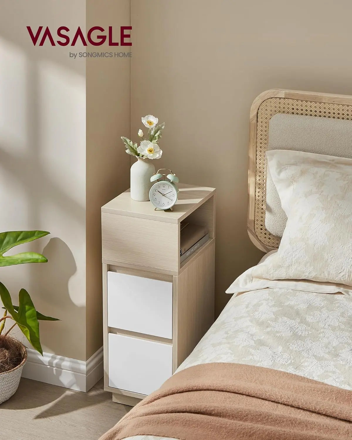 Nachttisch schmal 2 Schubladen naturbeige von Songmics