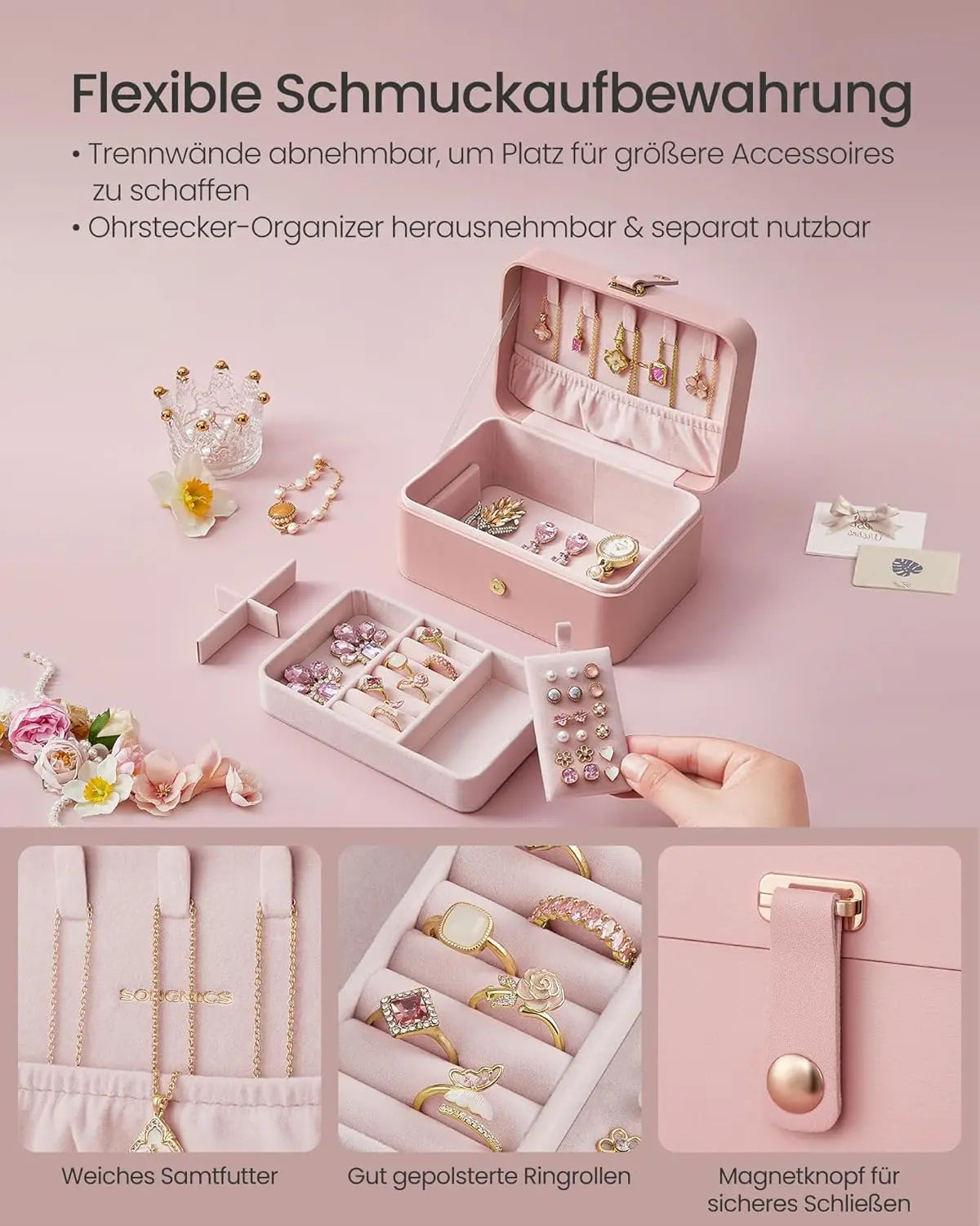 Schmuckkästchen Reise 2-Ebenen pastellrosa von Songmics