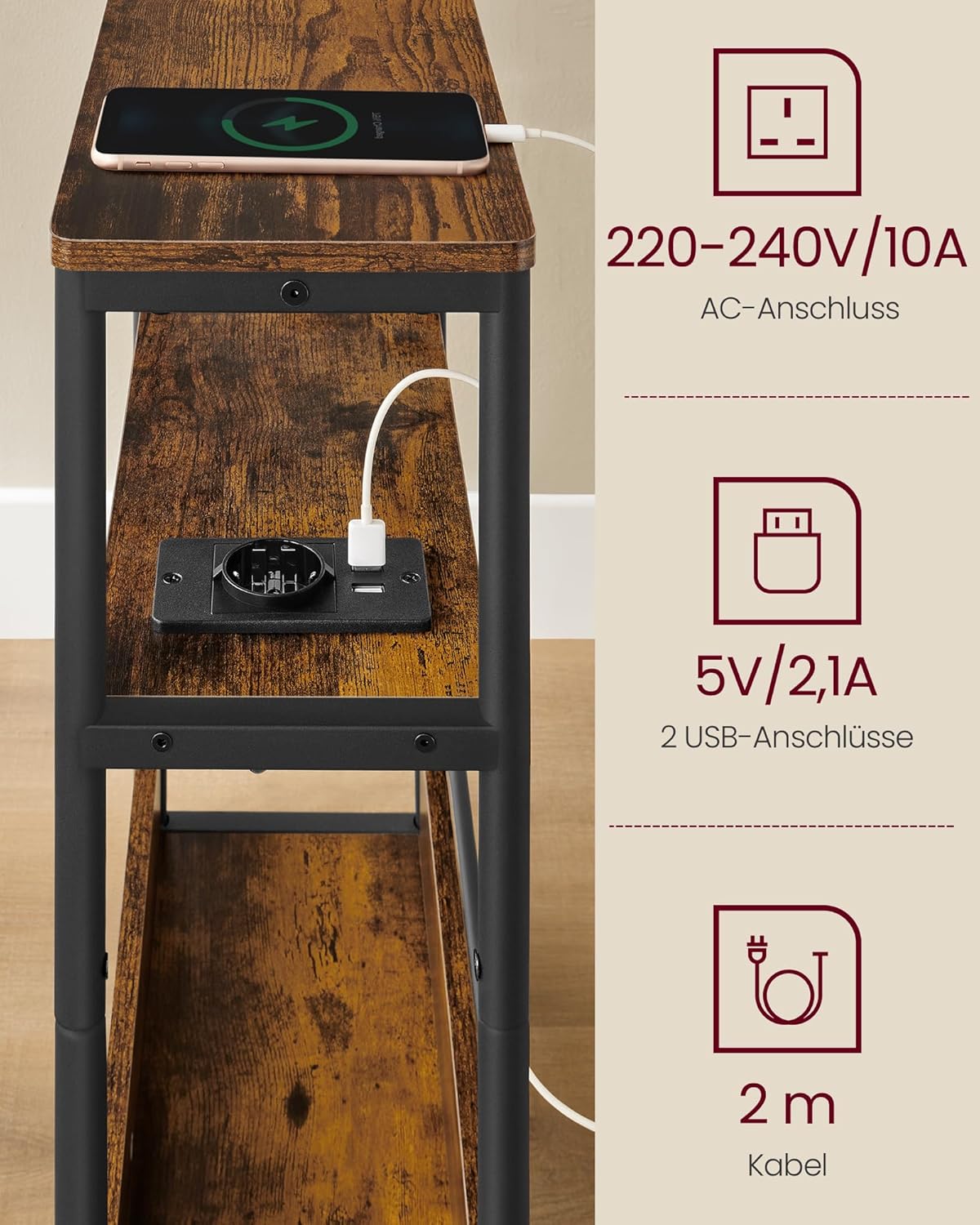 Beistelltisch mit Ladefunktion vintagebraun-tintenschwarz von Songmics