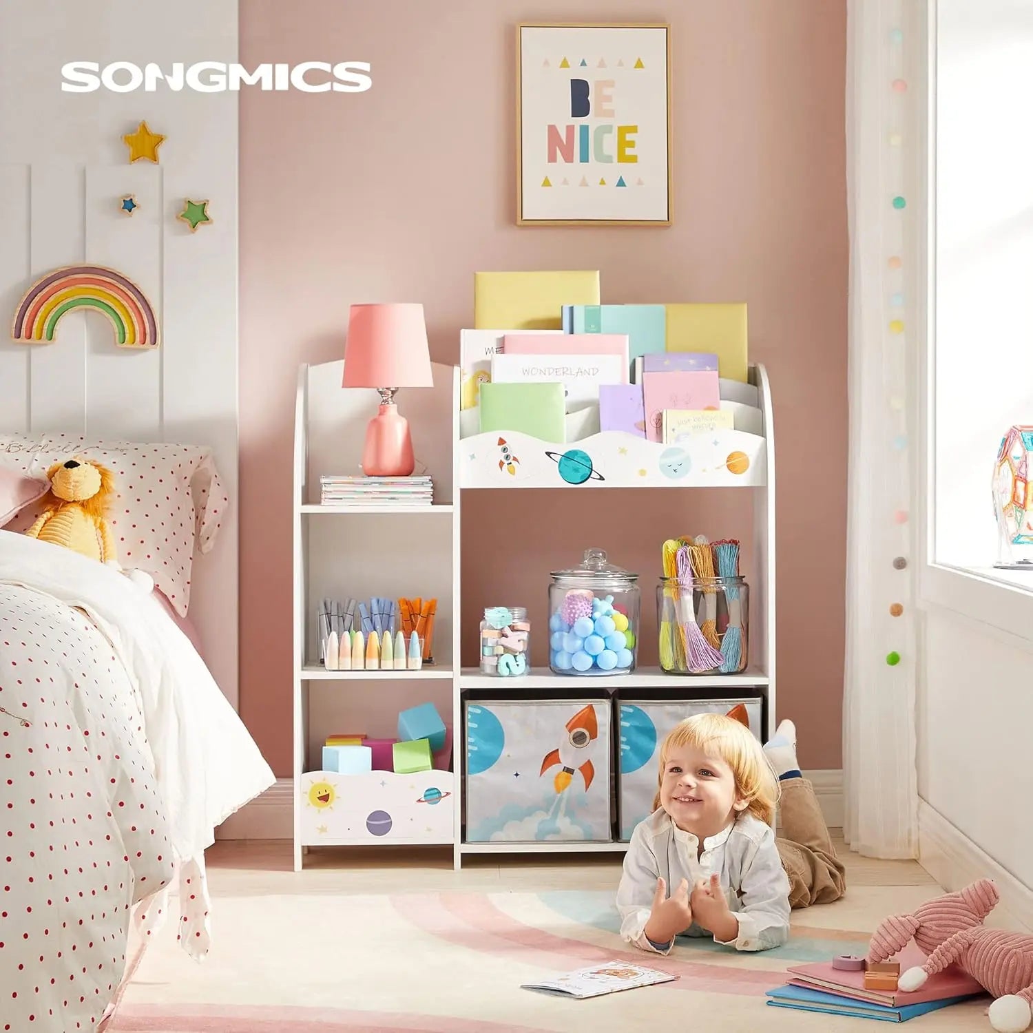 Kinderregal Spielzeugorganizer Bücherregal Weltall Weiss von Songmics