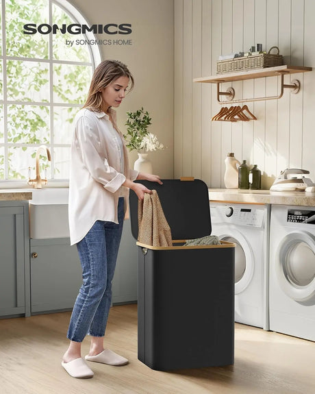 Wäschekorb 2 Fächer Bambus Griffe Schwarz von Songmics