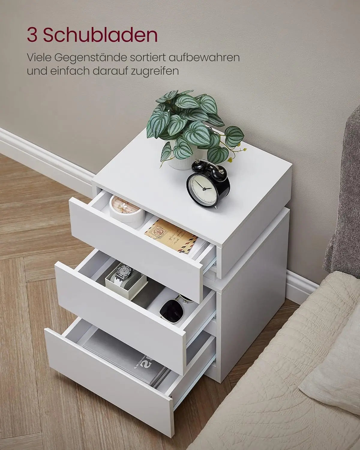 Nachttisch LED-Beleuchtung 3 Schubladen Weiss von Songmics