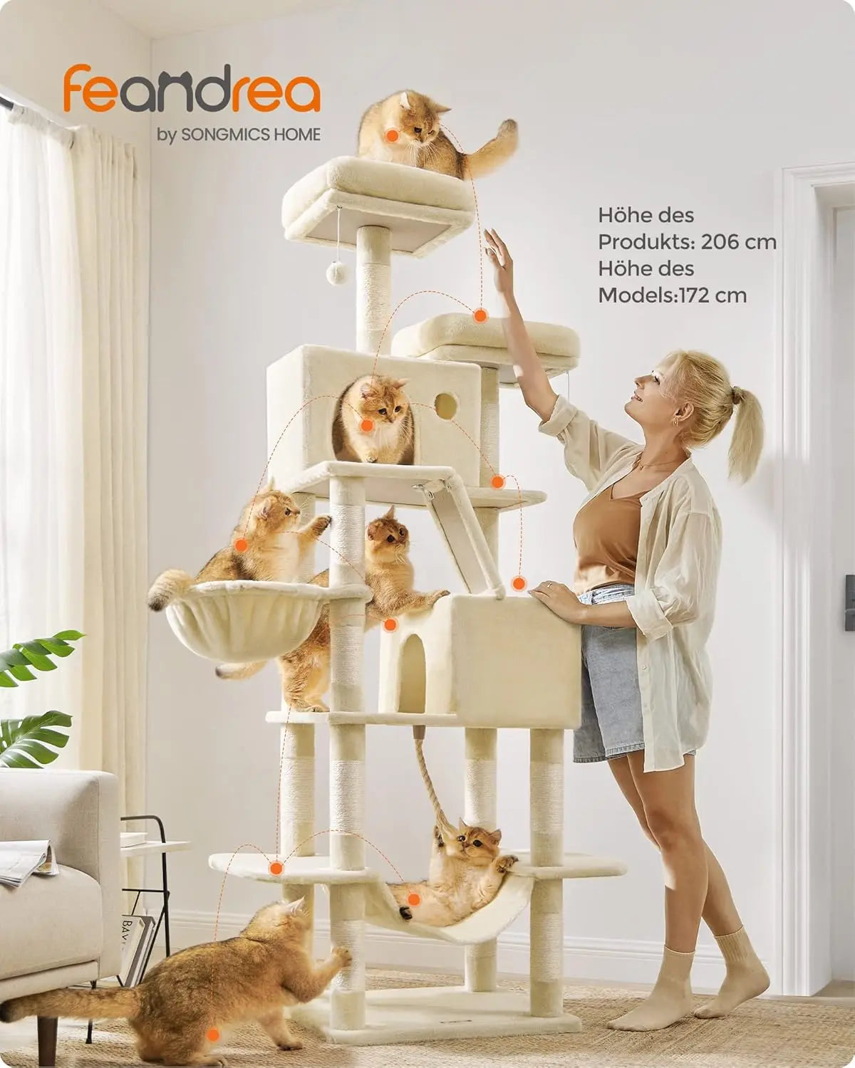 Kratzbaum XXL 206cm 13 Säulen Beige von Songmics
