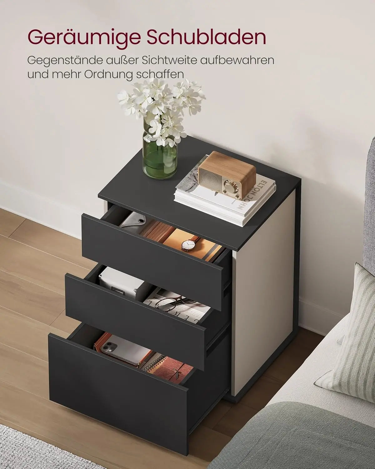 Nachttisch mit 3 Schubladen tintenschwarz von Songmics