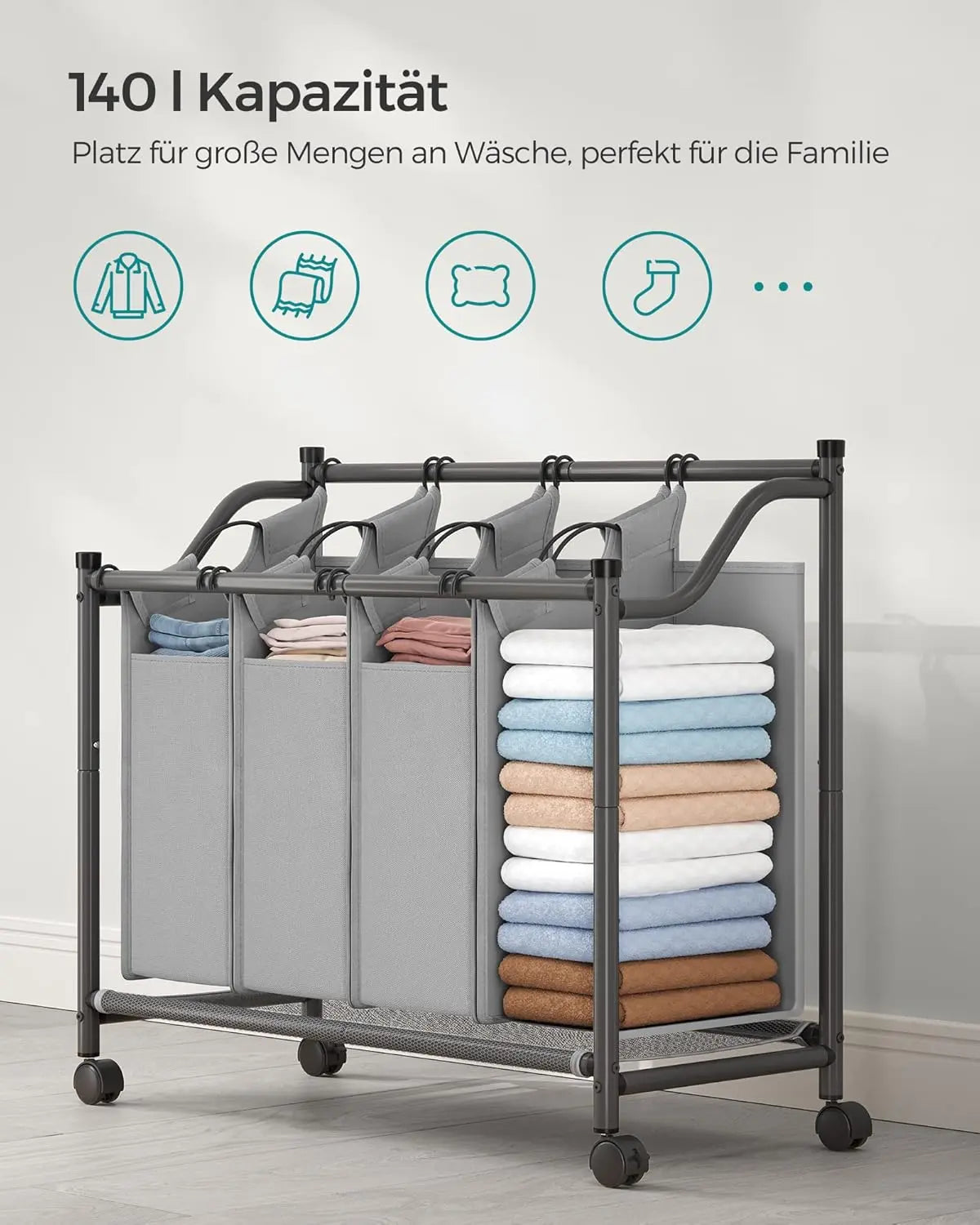 Wäschekorb mit Rollen und 4 Stofftaschen Grau von Songmics