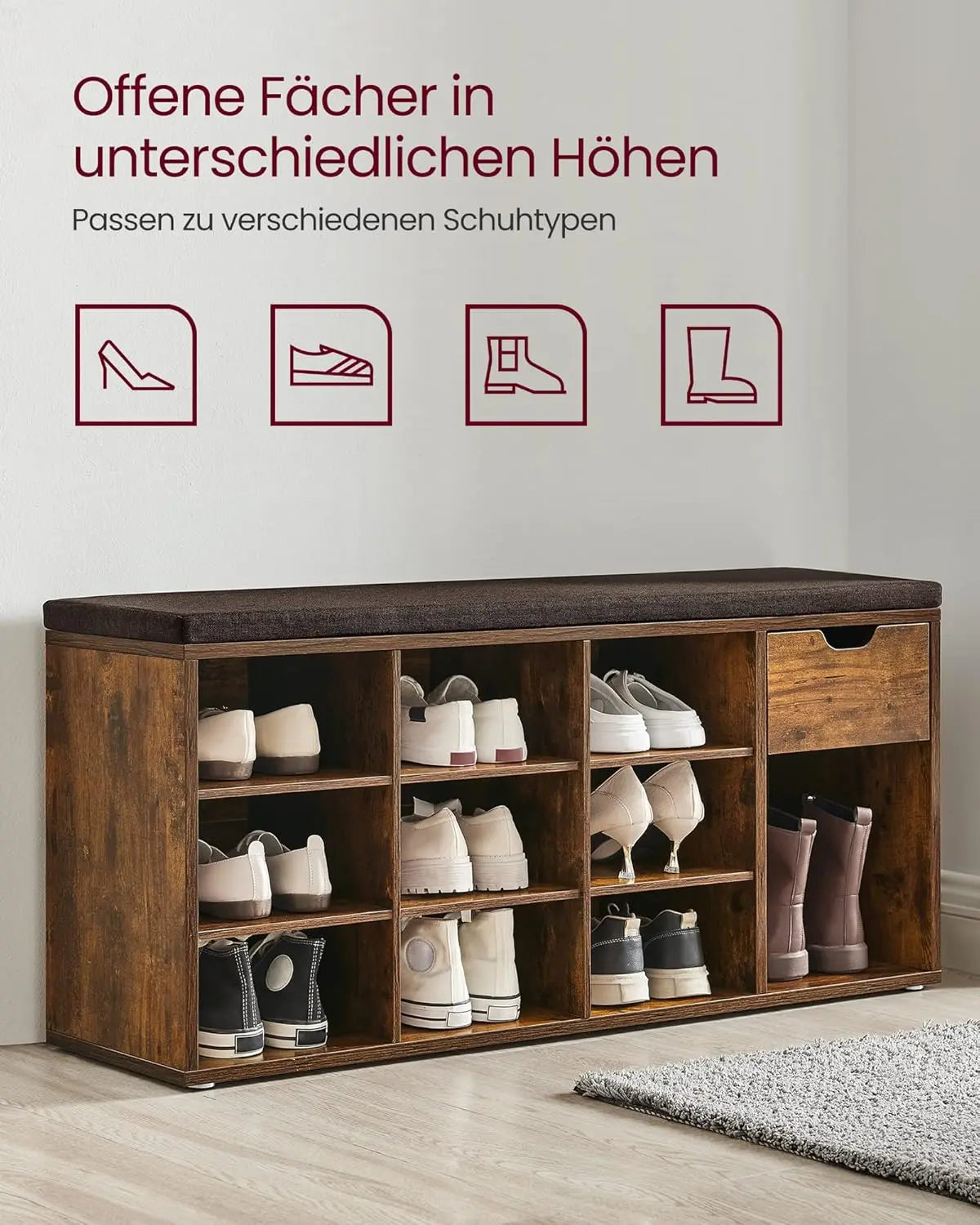 Schuhbank Regal Sitzbank Polster Vintagebraun Braun von Songmics