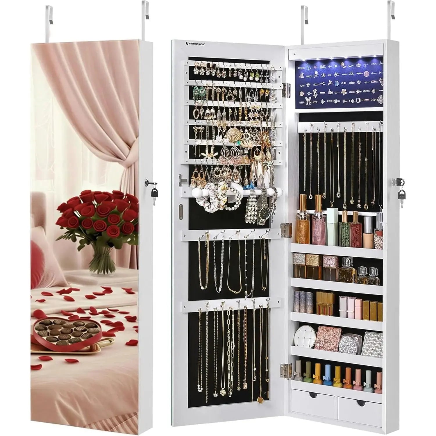 Schmuckschrank mit LED-Spiegel Weiss von Songmics